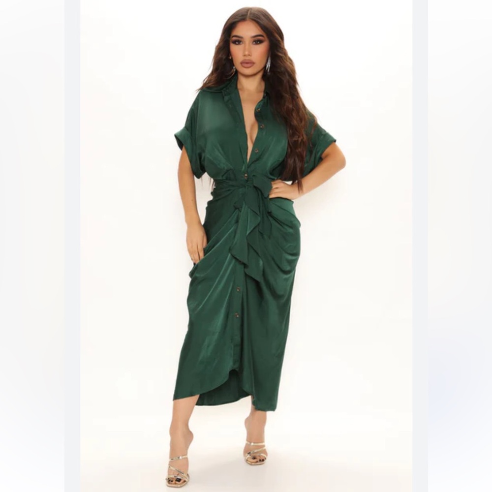 Fashion Nova Emerald Green Satin Maxi Dress